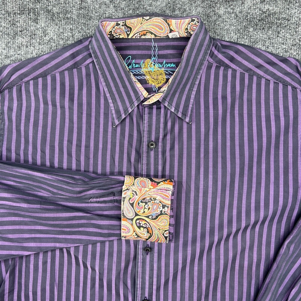 ROBERT GRAHAM Shirt Purple Striped Paisley Flip Cuffs XL Mens